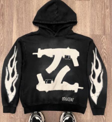 Men's casual street trendy patch hoodie sweatshirt with gun-style hood and pullover top