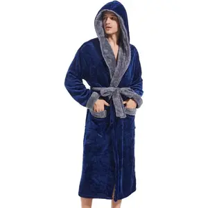 MensHoodedRobe,PlushLongBathrobesCozyWarmBathrobeFuzzymaleRobeWithPockets