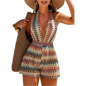 GORGLITTER Women's Crochet Boho Halter Top Romper Striped Tie Backless Knit Cover Up One Piece Summer Vacation Outfits