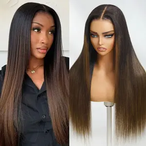 New Brown Ombre Color Glueless Wig Yaki Straight 7x5 Transparent Lace Closure Pre Cut Wear Go Wig 180% Density Human Hair Wig For Black Women