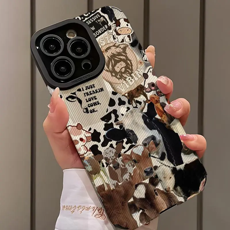 Vintage Cow Pattern Phone Case Protector, Mobile Phone Cover, Shockproof Back Cover, Phone Accessory Compatible with iPhone 16 15 14 13 12 11 Plus Pro Max, Casing, Phone Decoration