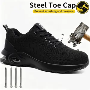 Breathable & Lightweight Men's Work Shoes Steel Toe Anti-Crush Comfortable Safety Shoes Puncture-Proof Black Sneakers Protective Footwear for Gardening & Industrial Use