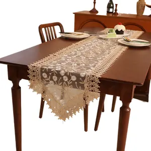 Embroidered Lace Table Runner with Flower Motifs, Country Rustic Modern American Style, Multi-Size Soft Fabric Kitchen Linen Household Textile Soft Furnishing Decor