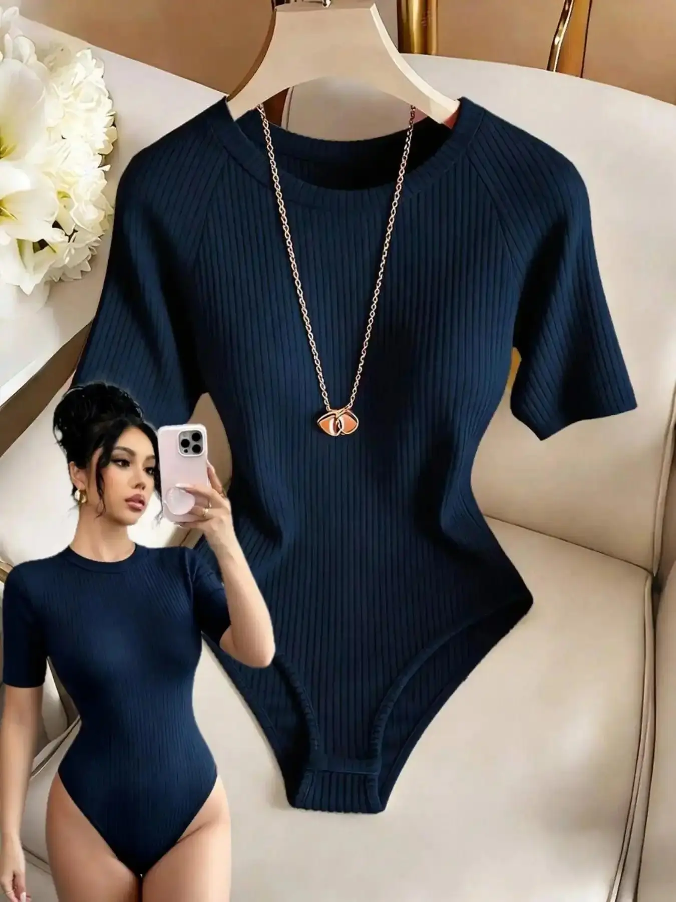 Modern Beach Knitted Bodysuit for Women, Casual Vacation Wear, Ribbed Design, Tight-Fitting, Ideal for Spring & Summer, textured elegance, cozy refinement, knit sophistication