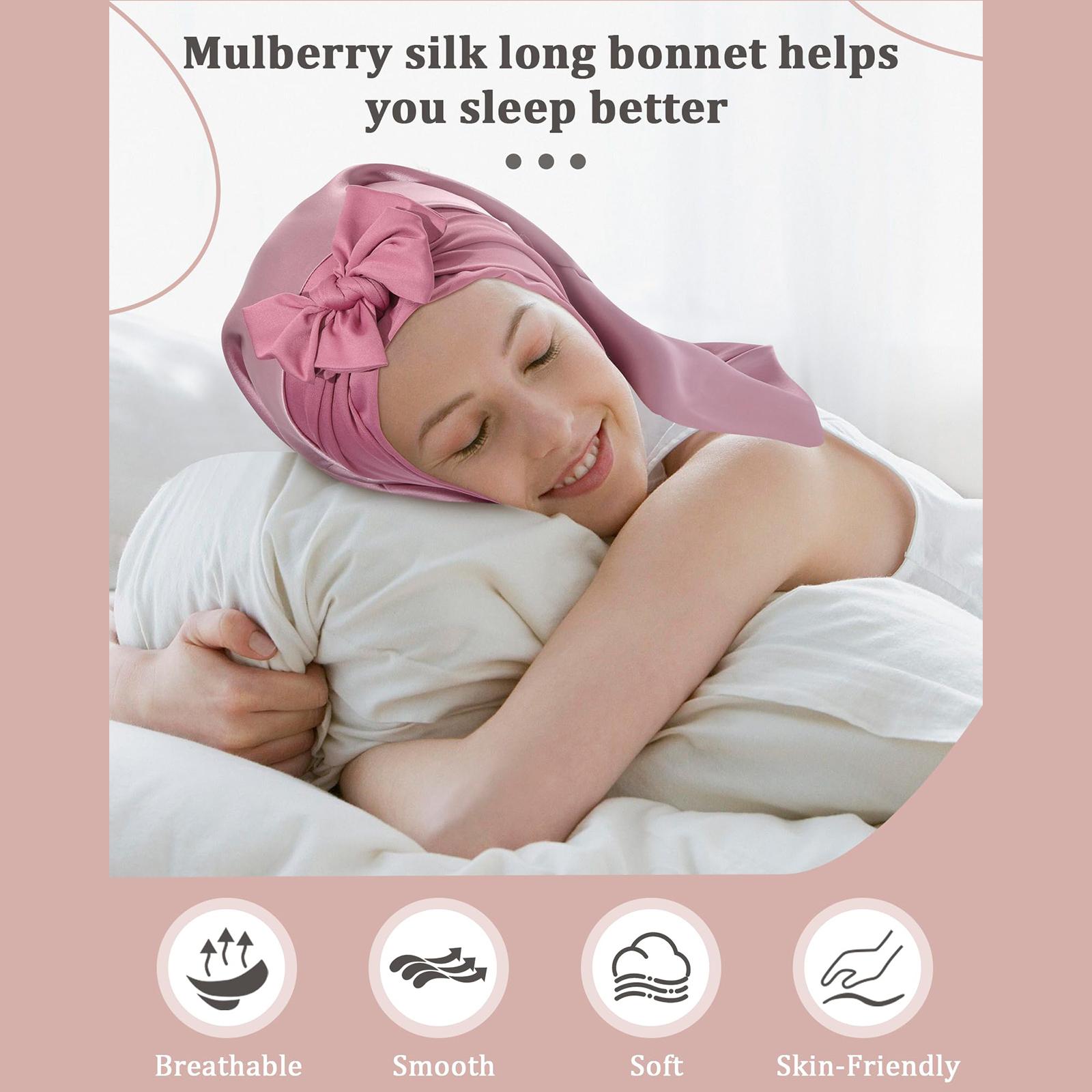 AWAYTR 100% Mulberry Silk Bonnets Long Hair Bonnets Ladies Tie Band Nightcap for Sleeping Haircare Hair Wrap for Braids Curly Hair Gifts Pink Black Headwear