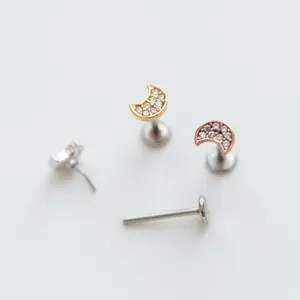 Moon Cartilage Threadless Flatback • 18g 20g Pushpin • Moon Helix Stud• Dainty Tragus Labret • Conch Piercing • Gold Moon Cartilage Earring