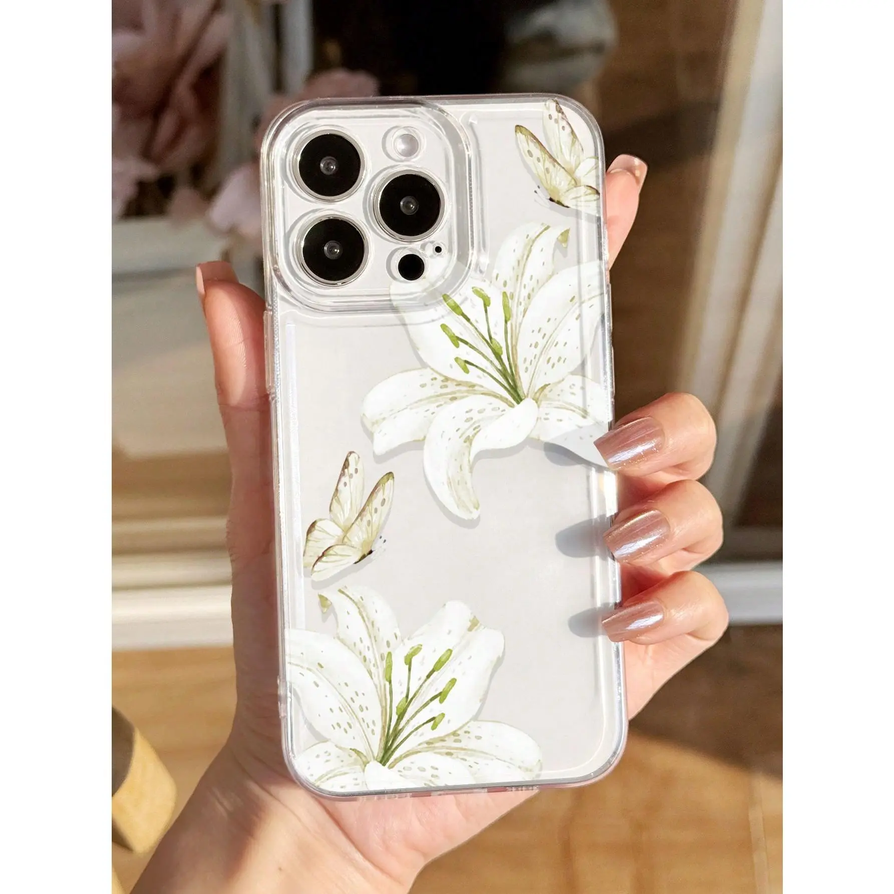 This is a transparent soft phone case with a pink floral lily and butterfly pattern in an Instagram style. It is compatible with iPhone 17/16/15/14/13/12/11/X/XS/XSMAX and can also be used as a stylish screen protector., Cover, Accessories, Smartphone