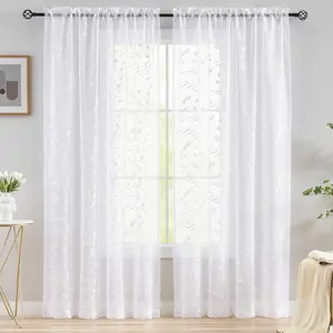 Sheer Curtains Floral Embroidery White 84 Inch Long Rod Lace Drapes for Living room, Bedroom, 2 Panels, 52"x84", Semi Voile Pattern Window Treatment Sets for Yard,, Villa, Parlor.