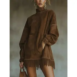 Bohemian-style fringed dress - high neck, loose straight cut, with pockets, soft long sleeves, perfect for autumn and winter, parties, everyday outdoor wear, and outfit coordination.
