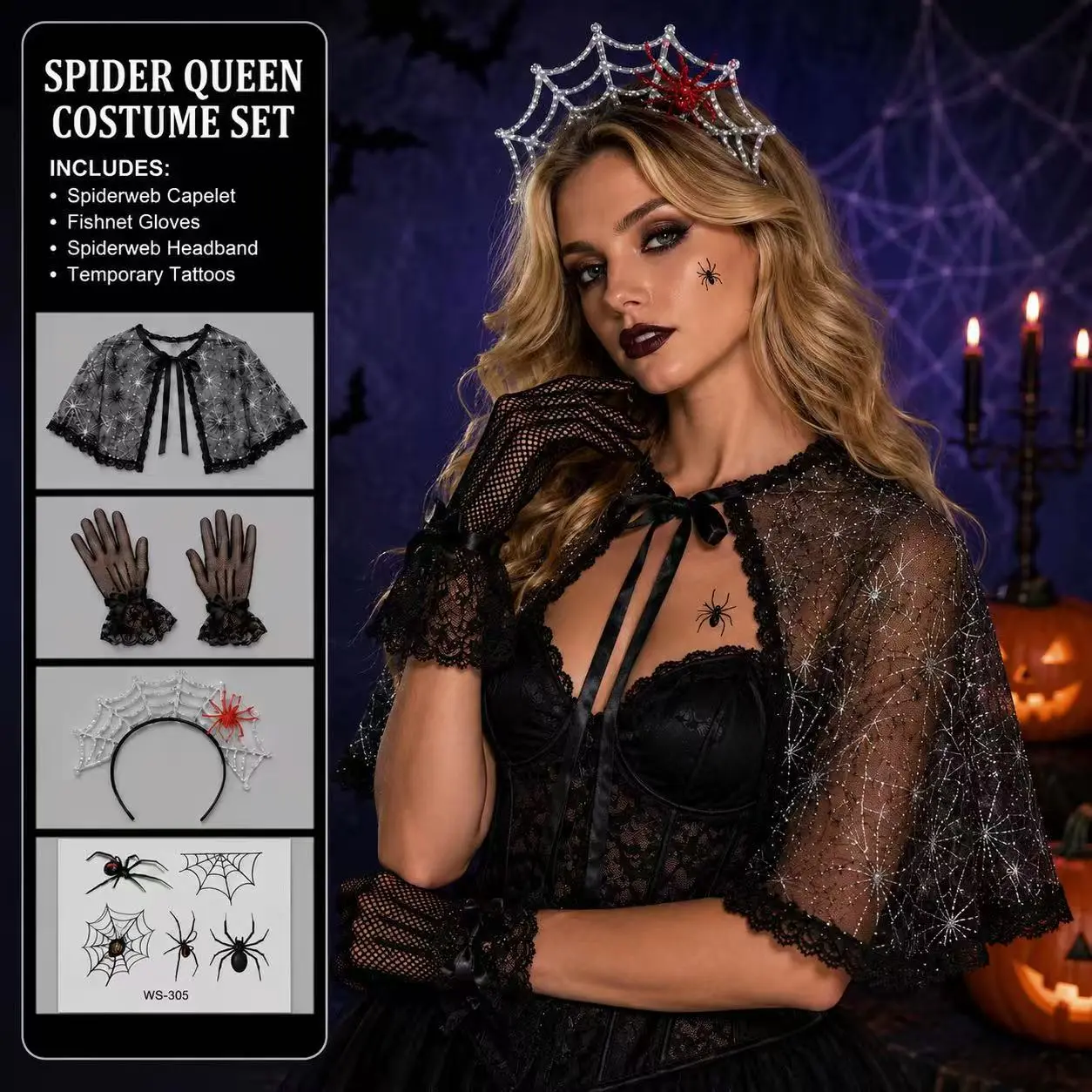 Spider Queen Halloween Costume Accessory Set, Spiderweb Capelet, Fishnet Gloves, Web Headband & Temporary Spider Tattoos, Gothic Party Cosplay Kit
