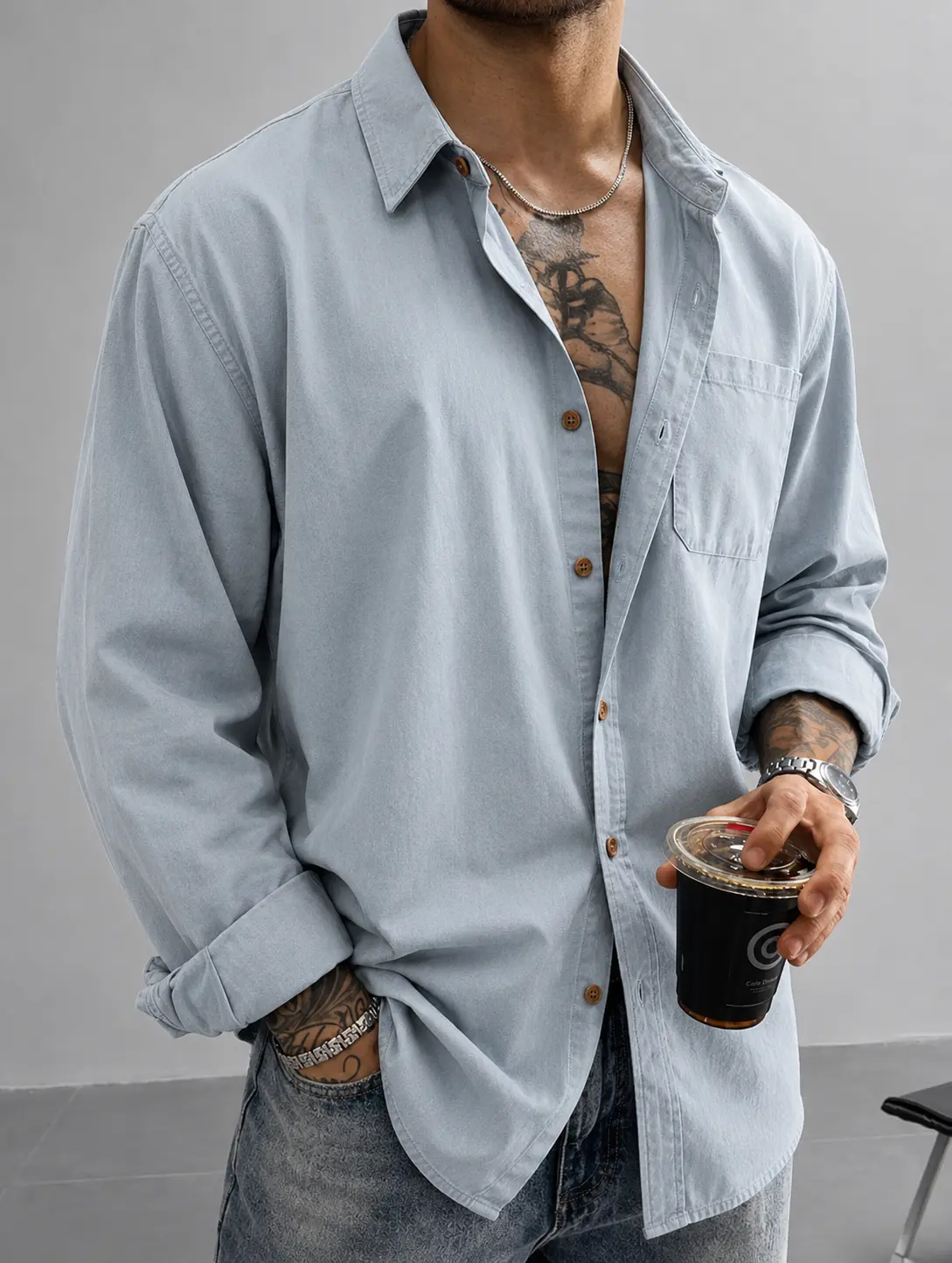 Men's 100% Cotton Garment Washed Vintage Retro Button-Up Long Sleeve Classic Plain Shirt - Spread Collar, Patch Pocket, Breathable Soft Lightweight, Long Length Men's Casual Shirt, Outdoor Use, Long Length Men's Casual Shirts