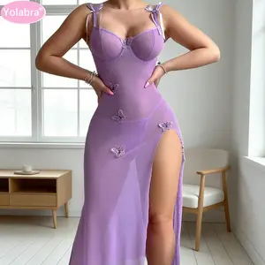 YolabraButterfly Embroidery Sheer Mesh Long Dress High Slit Pure Desire Style Perspective Lingerie Soft Breathable Fabric Slim Fit Alluring Seduction Eye Catching Fashion Nightwear Bedroom Wear Romantic Occasions Private Date Stylish Outfit