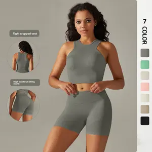 New Women's Seamless Knit Solid Color Tank Top and Butt-Lifting Shorts Yoga Set for Sports, Running, Fitness, and Yoga