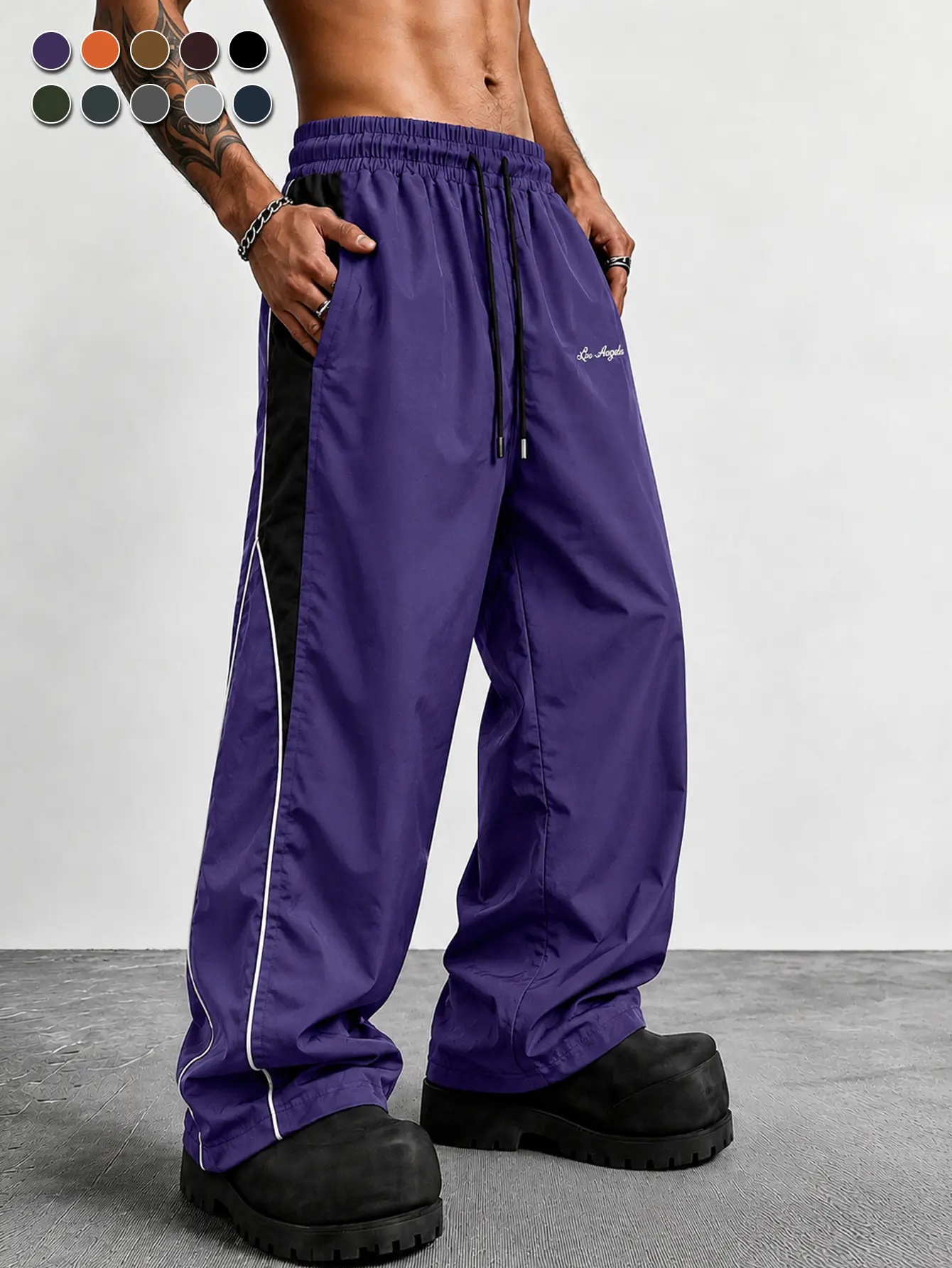 Men's contrasting color reflective strip wide-leg casual pants, pendant smooth fabric, side stripes, American high street style, daily commuting adaptation, trendy and versatile personality