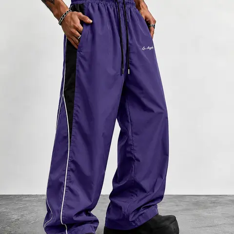 Men's contrasting color reflective strip wide leg casual pants, pendant smooth fabric, side stripes, American high street style, daily commuting adaptation, trendy and versatile personality,sohochic