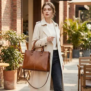 Vintage Oil Wax Leather Tote Bag for Women, Structured Top Handle Satchel, Classic Office Work Purse