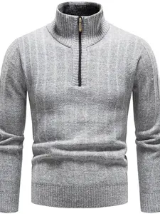 Men's Solid Zip Up Stand Collar Sweater, Regular Fit?Casual Long Sleeve Jumper for Fall & Winter, Men's Knitwear for Daily Wear