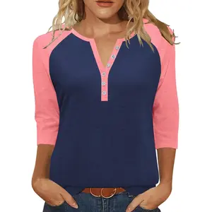 Womens Summer Tops 3/4 Length Sleeve V Neck Casual Color Block Tunic Tops Dressy Shirts Womenswear