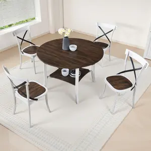 5-Piece Round Dining Set, 1 Table with 4 X-Back Chairs, Two-Tone Antique White & Walnut Finish, Space-Saving Kitchen & Dining Furniture