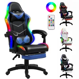 Czlolo RGB LED Lights Gaming Chair with Footrest for Adults and Kids Lumbar Support Massager Video Game Chair High Back Reclining Gamer Chair with Headrest 360° Swivel Computer Chair (Blue)