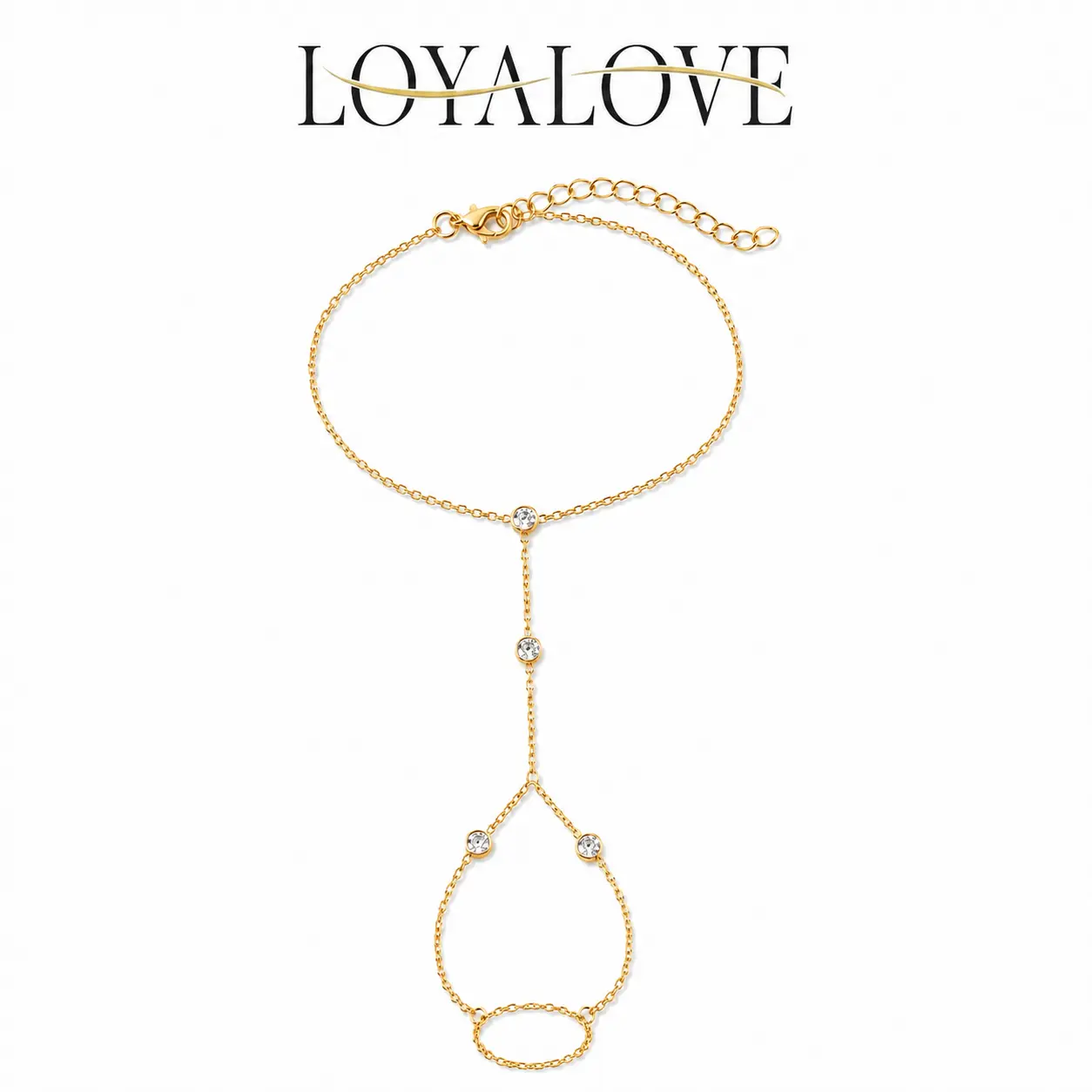 LOYALOVE Women's Dainty Golden Tone Adjustable Bracelet with Finger Ring, 4mm Cubic Zirconia Full Bezel Setting, Daily Wear Female Jewelry