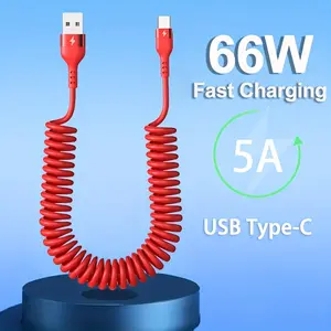 5A 66W USB to Type C Fast Charging Data Cable for Xiaomi Redmi POCO Huawei Honor Samsung OPPO VIVO Realme Mobile Phone Charger Accessories Car USB Charge Cable Spring Telescopic USB C Cord Max Stretch 39.37inch/59.06inch