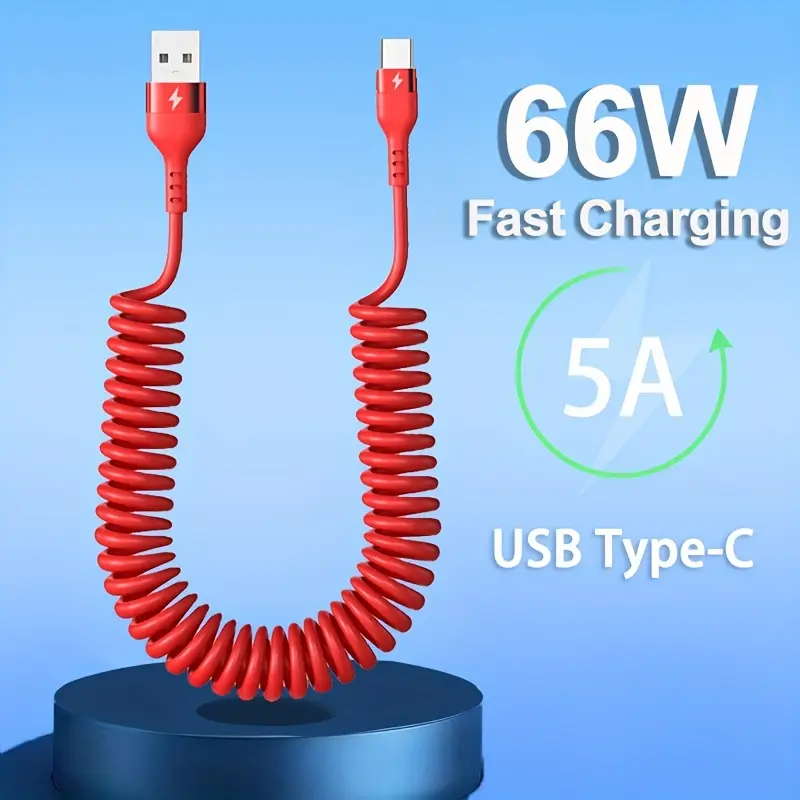 5A 66W USB to Type C Fast Charging Data Cable for Xiaomi Redmi POCO Huawei Honor Samsung OPPO VIVO Realme Mobile Phone Charger Accessories Car USB Charge Cable Spring Telescopic USB C Cord Max Stretch 39.37inch/59.06inch
