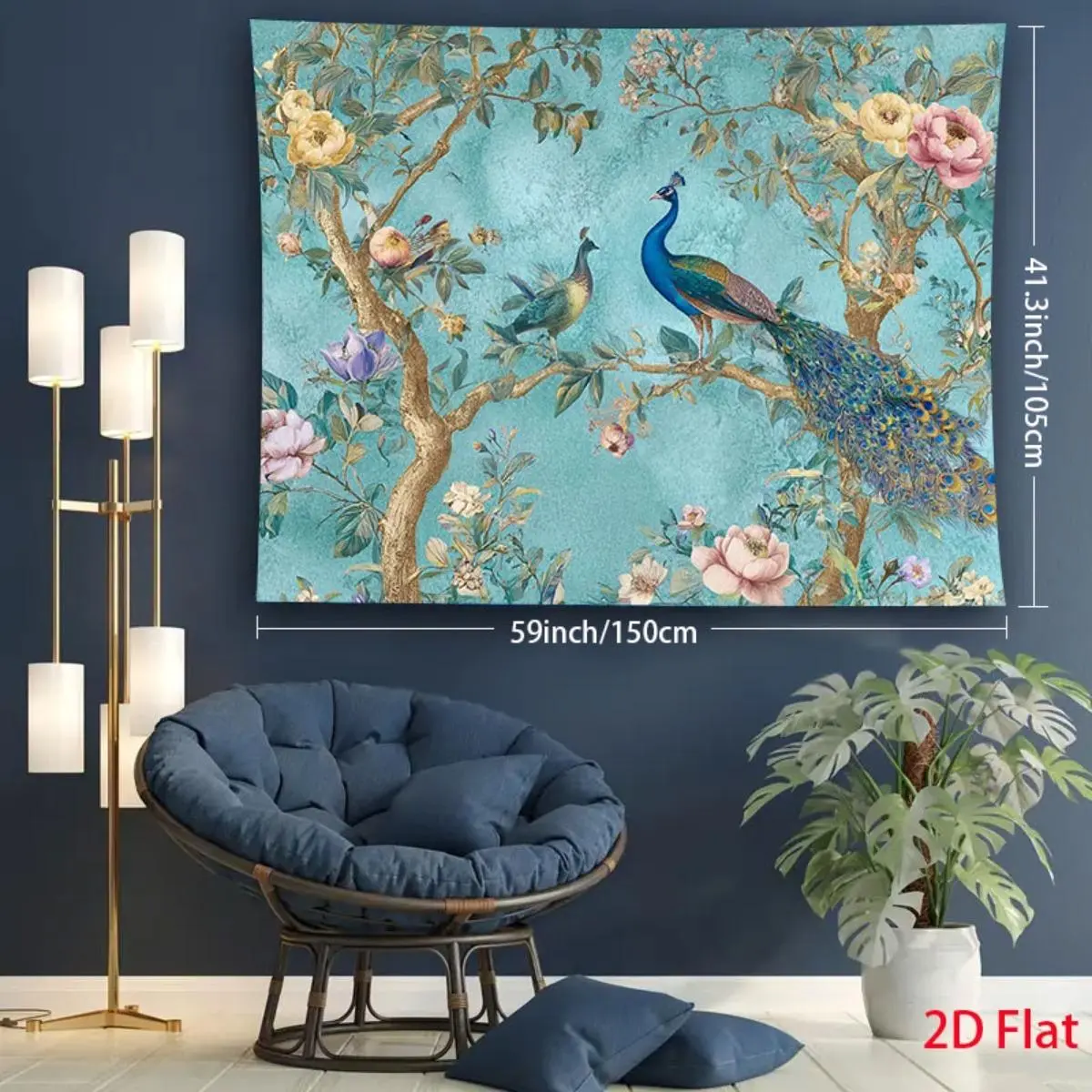 Extra-Large 2D Flat 1-Piece Vintage Turquoise-Gold Peacock Tulip Wall Hanging Decorative Banner Tapestry, Luxurious Home Decor Gold Tapestry for Weddings, Easy-to-Hang Indoor Photo Booth Decoration, Decorative Banner Tapestries, Gold Tapestries
