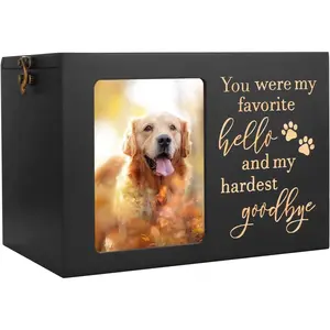 Pet Memorial Urns for Dog or Cat Ashes, Large Wooden Funeral Cremation Urns with Photo Frame, Keepsake Memory Box with Black Flannel Lining