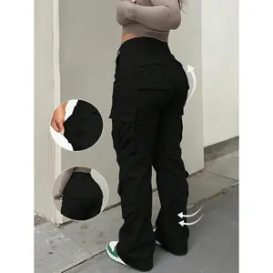 Women's High Waisted Cargo Pants, Black Multi Pocket Wide Leg Casual Streetwear Pants Women's High Waisted Cargo Pants, Black Multi Pocket Wide Leg Casual Streetwear Pants