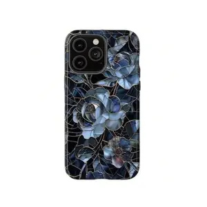 Dark Academia Flower Rose Stained Glass Printed Tough Phone Case For  Series With Dual-Layer Defense And Wireless Charging Ready |    Black Blue Floral Rose Print Fashion  High Quality Design |     Series Cover,Suitable For  17 Air,Suitable For  17 Air