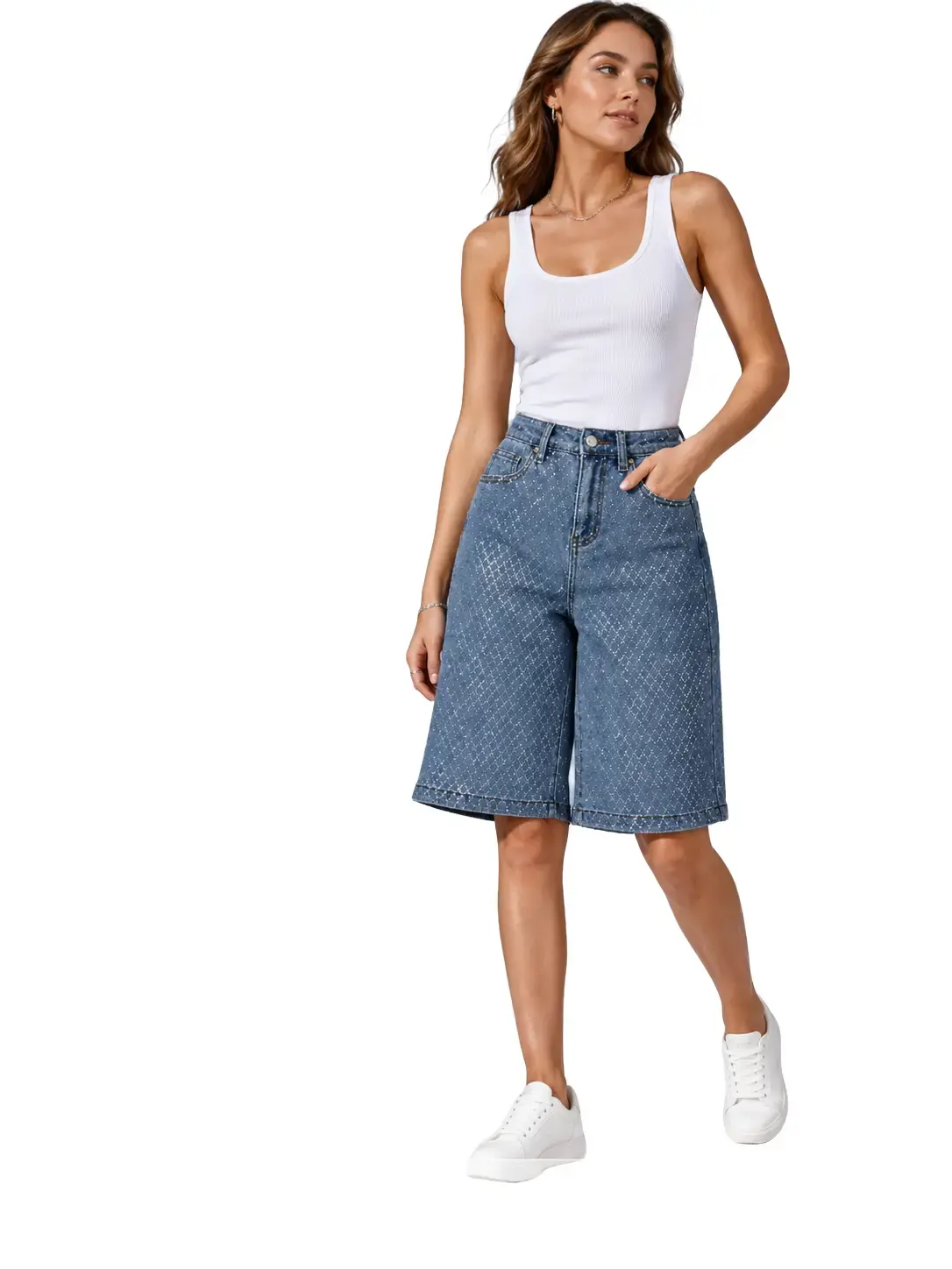 Women's High-Waist High-Stretch Full Rhinestones Wide Leg Bermudas, Womenswear Streetwear Shorts, Blue