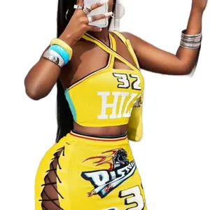 Women's Stylish Two Piece Skirt Set with Yellow Basketball Jersey Top and Matching Skirt Featuring "HIZ" and "DIS" Graphics