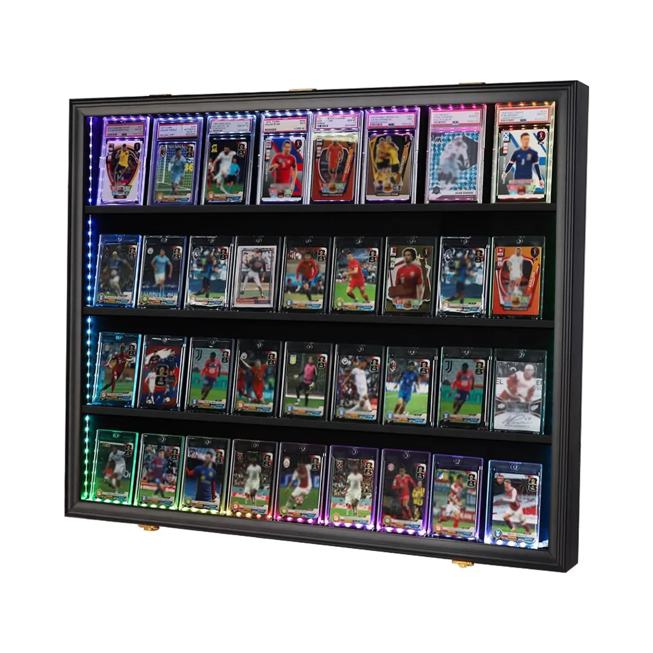 LED Baseball Card Display Case - 36 Graded Sports Card Display Frame - Holds Sport Cards with UV Protection Clear View Lockable Wall Cabinet for Football Basketball Trading Card Horizontal
