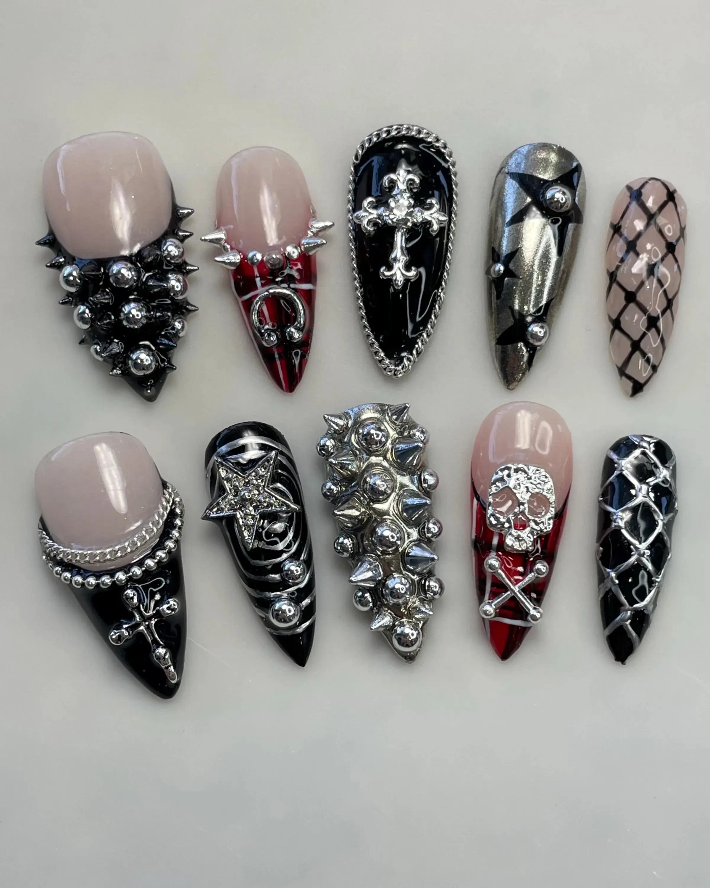 Nailchemy - PunkRock Princess Press On Nails /Goth/Grunge /Y2K/Cross/Alt/Black And Silver/Chrome/Punk Nails