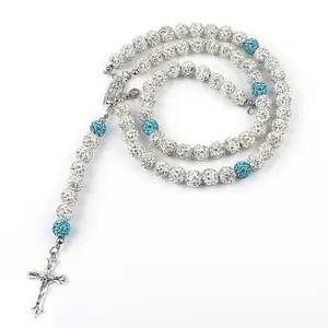 Long Rosary Sweater Necklace Gradient Diamond Ball Chain Cross Pendant Unisex Necklaces Jewelry Accessories