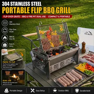 360° Rotating BBQ Grill, 304 Stainless Steel Portable Flip-Over Charcoal Grill with 2-Layer Basket