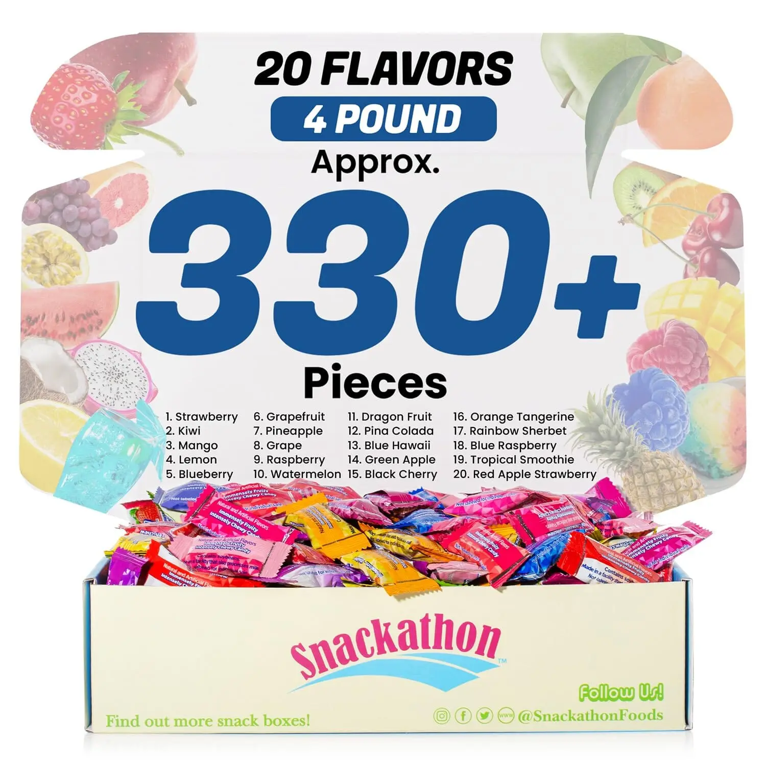 Hi Chew Fruit Chew 20 Flavors, Bulk 330+ Pieces, 4 Pound (Strawberry, Mango, Green Apple, Grape, Pineapple, Kiwi, Dragon Fruit, 3 Berries, Orange Tang, Apple Strawberry, Raspberry, Blue Hawaii, Rainbow Sherbet)