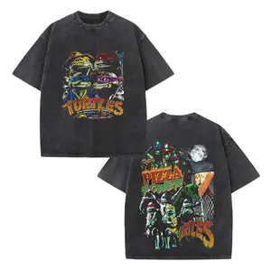 Retro Pizza Power Turtle Crew Edition Graphic Vintage Washed T-Shirt, Unisex Oversized Heavyweight Cotton Streetwear Top, Ideal Gift for 90s Cartoon Fans