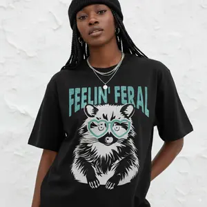 Women's Casual Short-Sleeve T-Shirt with Playful Raccoon & Heart Glasses  Light Beige Breathable Fabric, Relaxed Fit, Machine Washable, Cute T Shirts, Trendy Top, Comfortable Fit, Printed Shirt, Fashion Lovers, Spring Outfit,Streetwear Fans