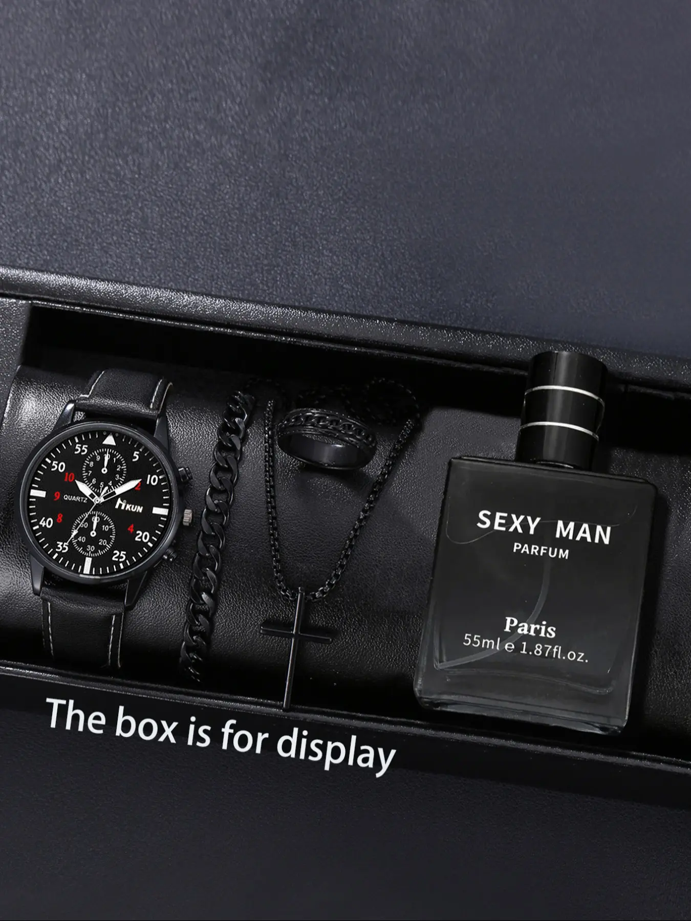 Stylish Men's Set 5pcs with Perfume Necklace Bracelet Ring, Perfect Gift for Daily Wear, Birthdays, Parties, Casual Wristwatch Set