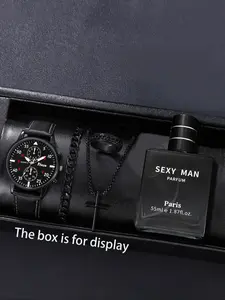 Stylish Men's Set 5pcs with Perfume Necklace Bracelet Ring, Perfect Gift for Daily Wear, Birthdays, Parties, Casual Wristwatch Set