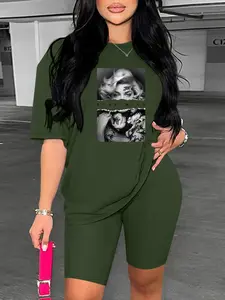 Two-Piece Set Women's Marilyn Monroe Print Crop Top Round Neck & Skinny Fitted Pants Set, Casual Fashion Cozy Breathable Two-piece Outfits for Daily Wear, Ladies Clothes for Spring & Summer, Suits