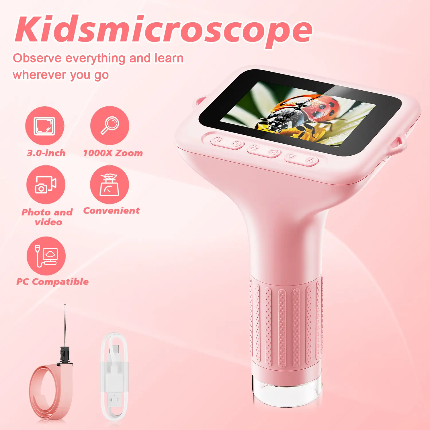 INSKAM Portable Handheld Coin Microscope Magnifier, 3-in Mini USB Digital Device, 1000x Magnification, 8 Adjustable LED Lights, Micro SD Card Compatible, Visual Learning Tool for Girls & Boys, Science Education Accessory, Visual Learning Tools, Portable H