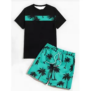 Men's 3D printed summer two-piece set, short sleeved round neck T-shirt and pocket elastic waist shorts, fashionable design, slightly elastic, knitted fabric, daily wear