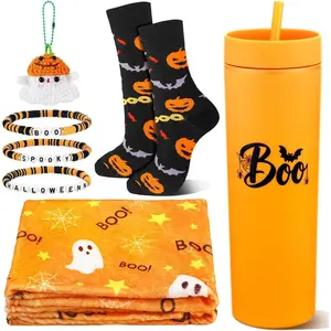 7 Pack Halloween Boo Basket Stuffers Halloween Gifts for Women Orange Basket Stuffer Includes 12oz Orange   Tumbler  Blanket Crochet   Socks for Family