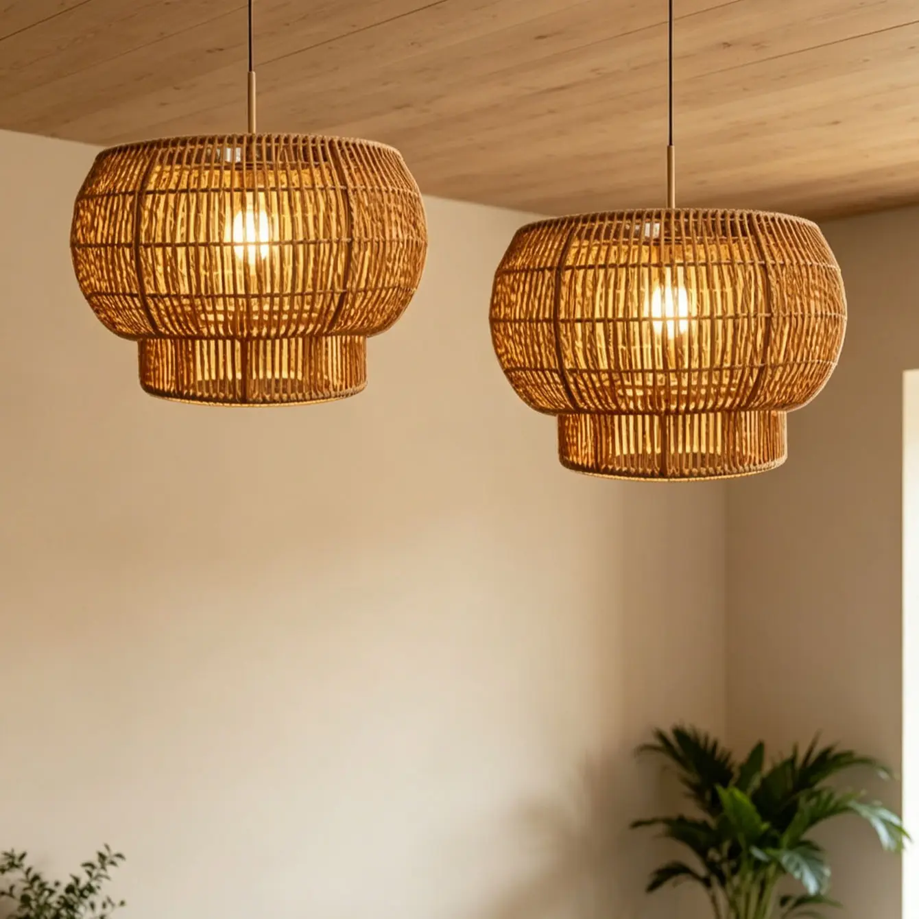 Double-Layer Lantern Wicker Lampshade, Bohemian Style Braided Pendant Light Cover, Living Room Bedroom Decorative Atmosphere Decor, Lighting Accessories