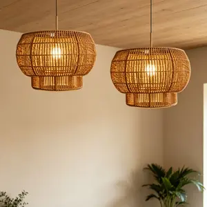 Double-Layer Lantern Wicker Lampshade, Bohemian Style Braided Pendant Light Cover, Living Room Bedroom Atmosphere Decor