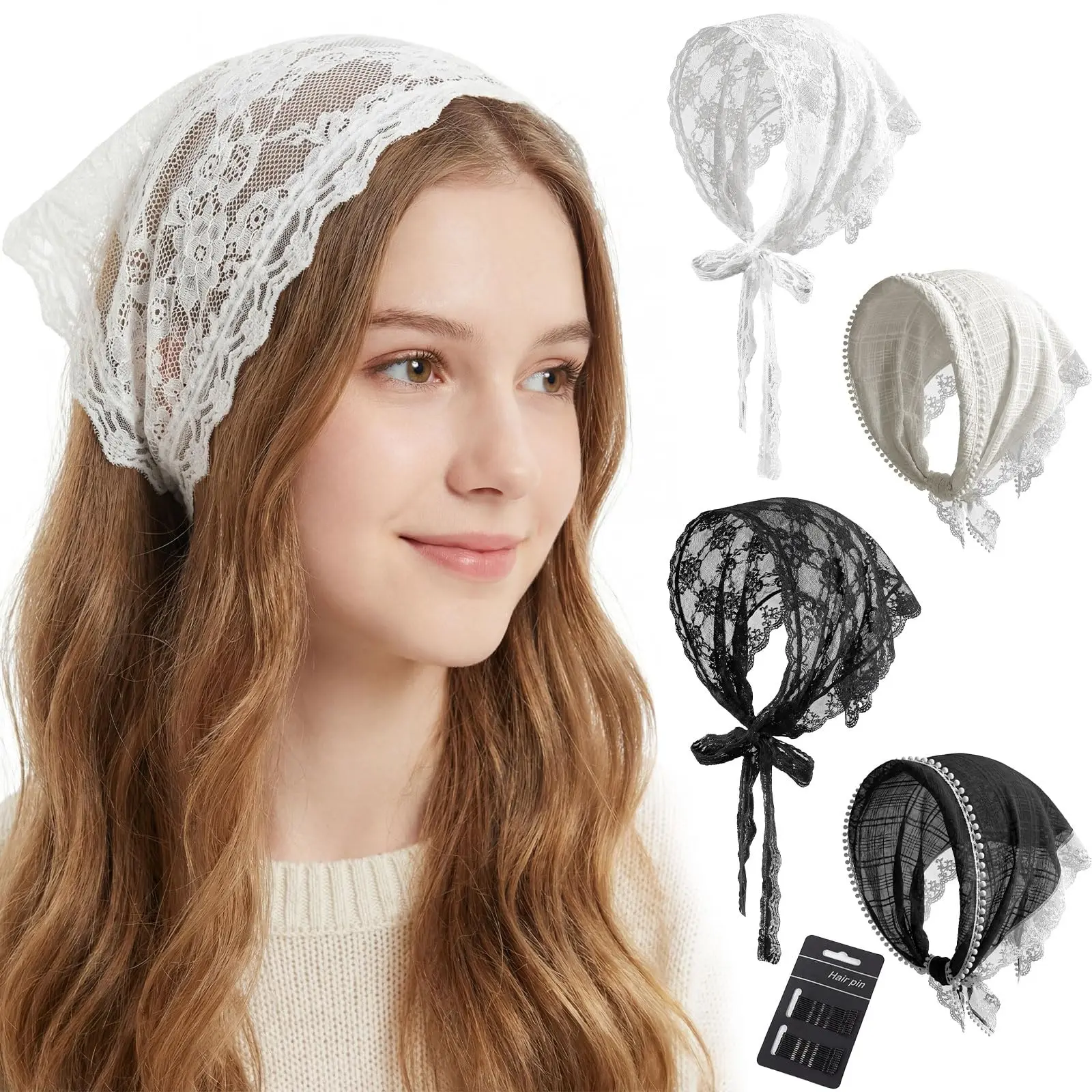 4-Pack Floral Lace Headbands, Retro Scarf Head Wrap, Bohemian Bandana Style Hair Accessories for Women, Valentine's Day, Lace Fabric, Set Pack, Ceremony, Casual Events, 4Pcs Set, Tie + Clip, Birthday, Headscarf, Women's Fashion, Mother's Day, Scarf Style,