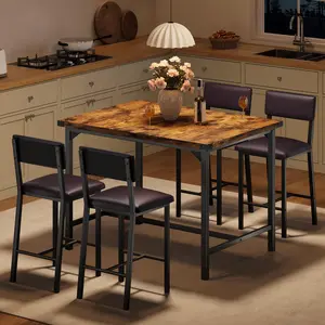 Garvee 5-Piece Rustic Brown Dining Table Set with Counter Height High Top Table and 4 Chairs, Featuring Footrest, Backrest, and Corner Protectors for Dining Room